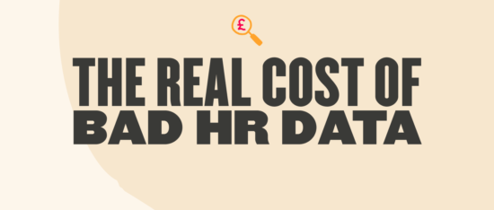 Large black text reading “The Real Cost of Bad HR Data” centered on a beige abstract background with a magnifying glass and pound symbol icon above the headline.