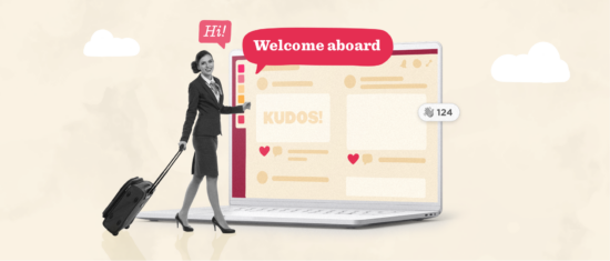 businesswoman with a suitcase welcomes users to an online platform featuring messages and notifications, online platform welcome and engagement