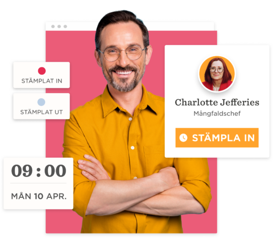 digital time card with a man smiling in a yellow shirt alongside a stamp in feature and user details, employee time tracking interface with timestamp, user profile, and actions highlighted