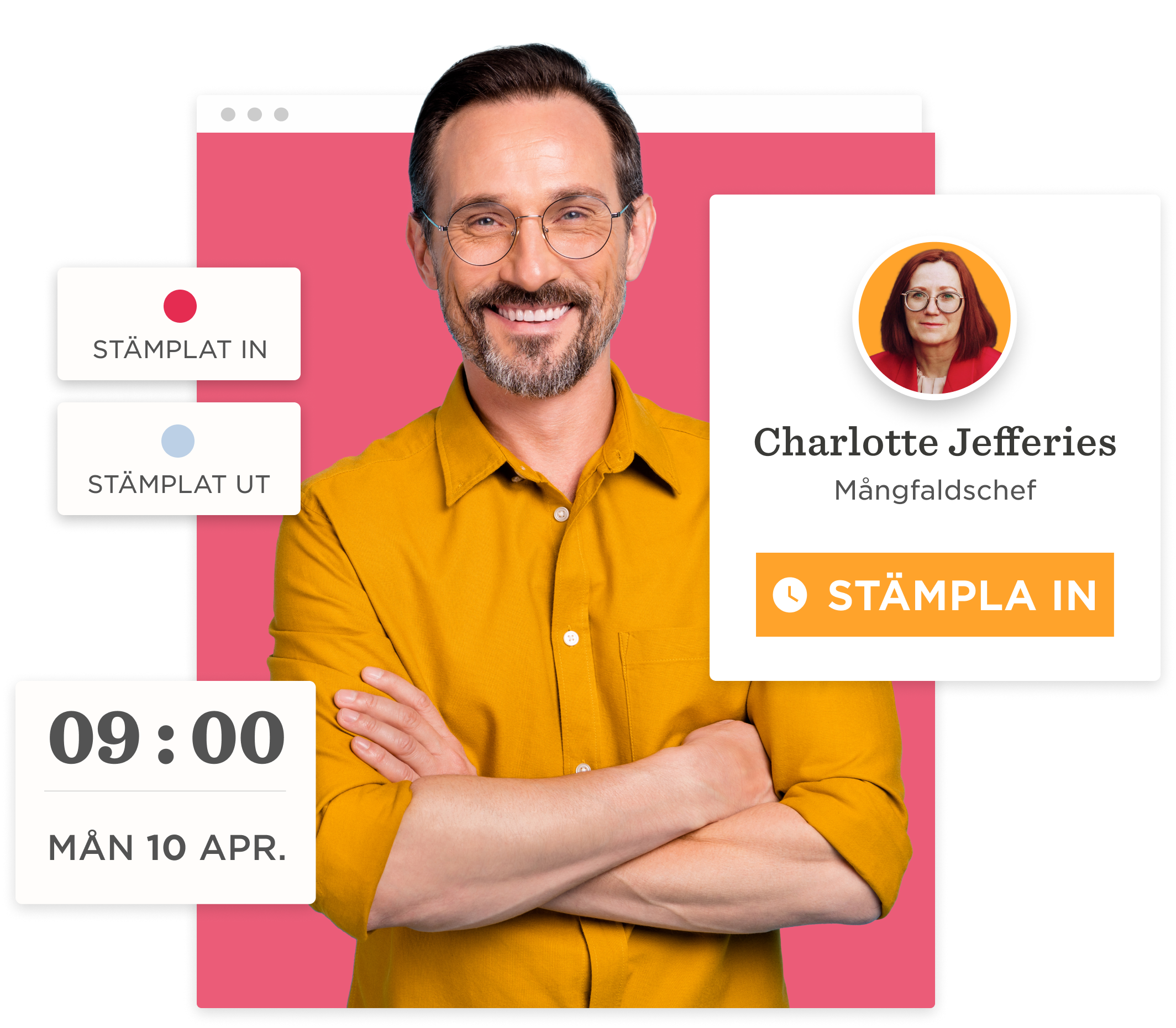 digital time card with a man smiling in a yellow shirt alongside a stamp in feature and user details, employee time tracking interface with timestamp, user profile, and actions highlighted
