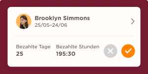Brooklyn Simmons work summary showing 25 paid days and 195 hours, plus a profile image on a simple interface., work summary, profile information