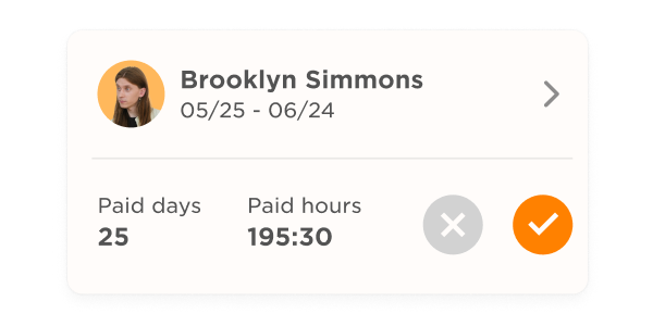 Brooklyn Simmons summary with paid days, paid hours, and date range in a clean interface. 25 days, 195:30 hours. , BrooklynSimmons, paiddayspaidhours