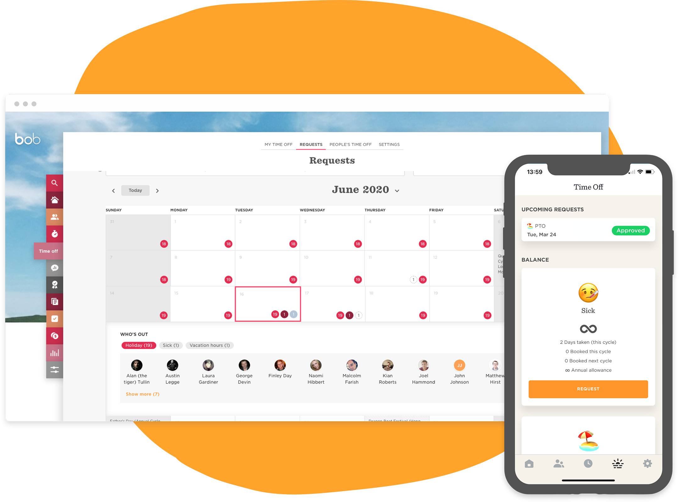 calendar interface, time off request mobile view