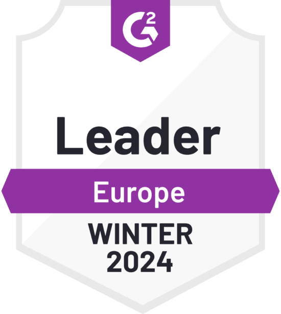 G2 Leader badge for Europe, Winter 2024. Highlights recognition in software industry, featuring purple and gray design., G2Leader, Winter2024