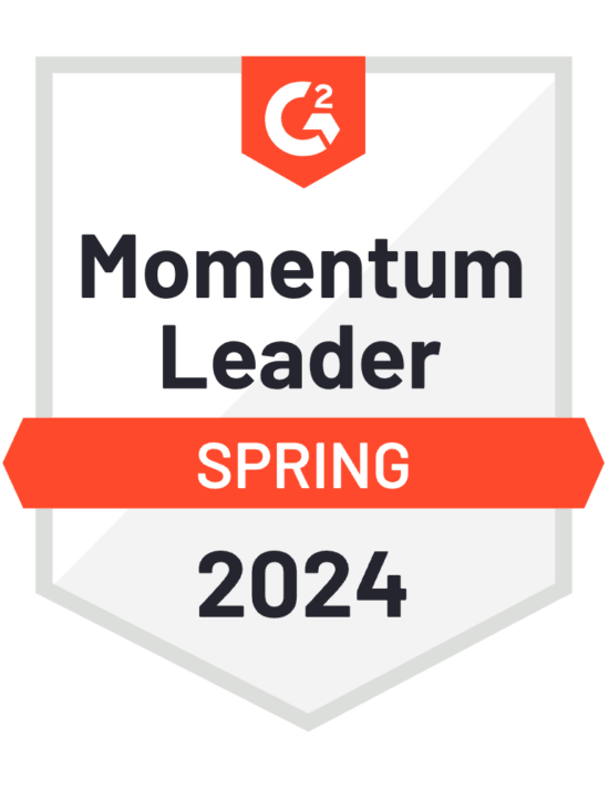 Momentum Leader badge by G2 for Spring 2024, showcasing recognition for outstanding performance., G2 Momentum Leader Spring 2024 badge, G2 award for excellence in service or product quality