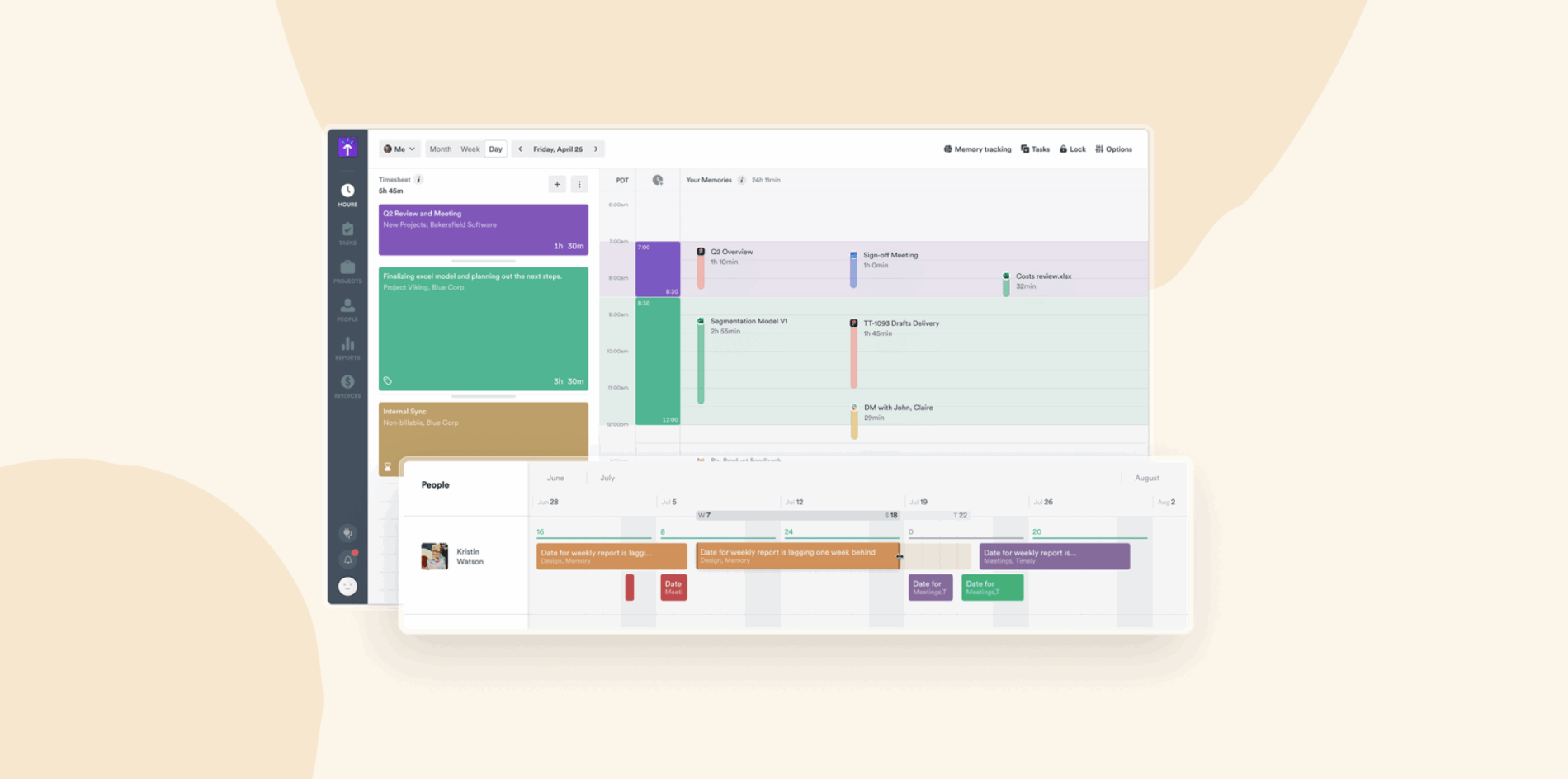timesheet interface with color-coded tasks, meetings, and project timelines on a calendar; clear scheduling and tracking features, project management dashboard with daily schedule, team members, and task durations displayed