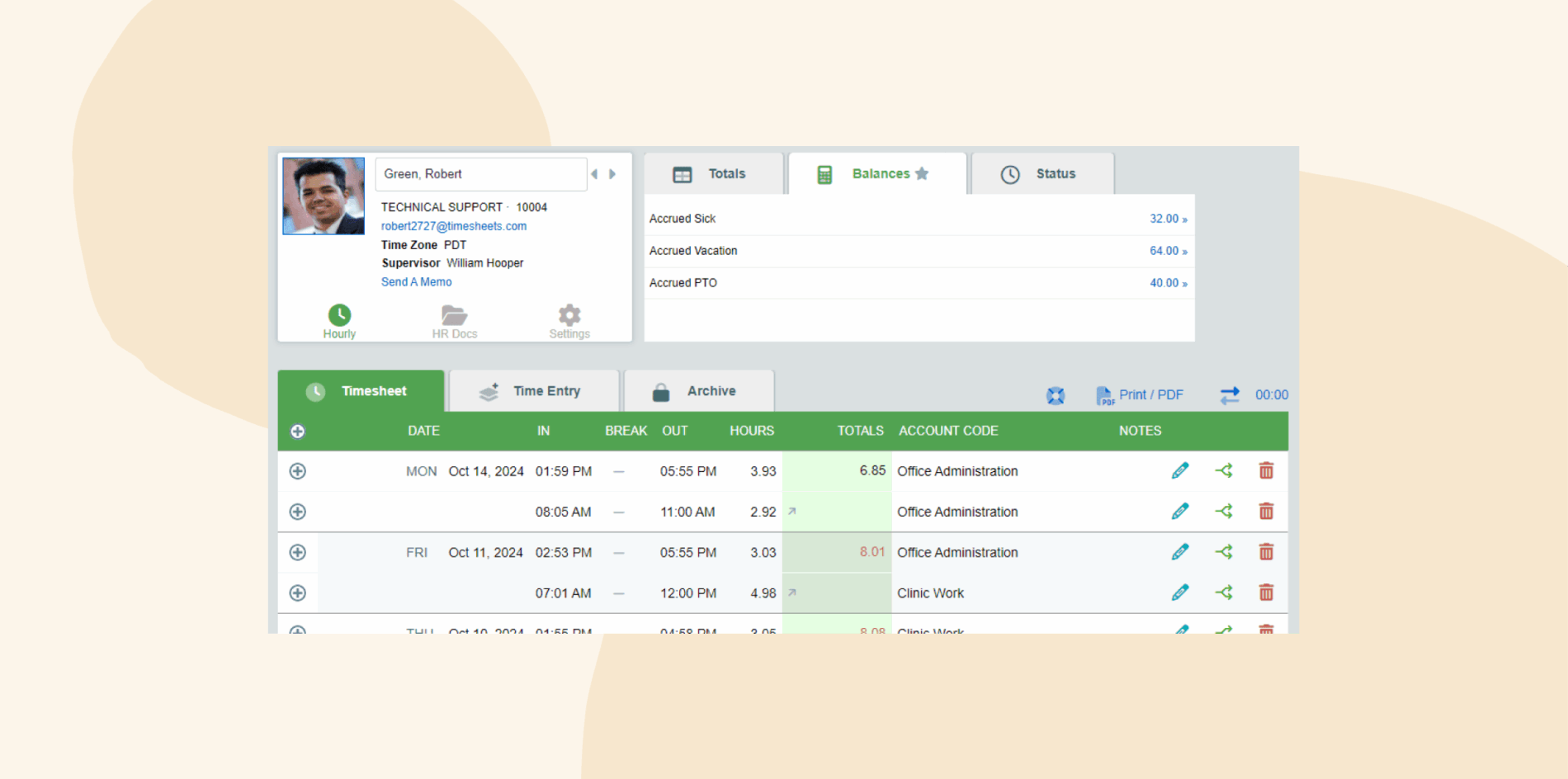 timesheet interface for Robert Green, featuring hours worked, accrued leave balances, and administrative details, time entry for work hours and vacations