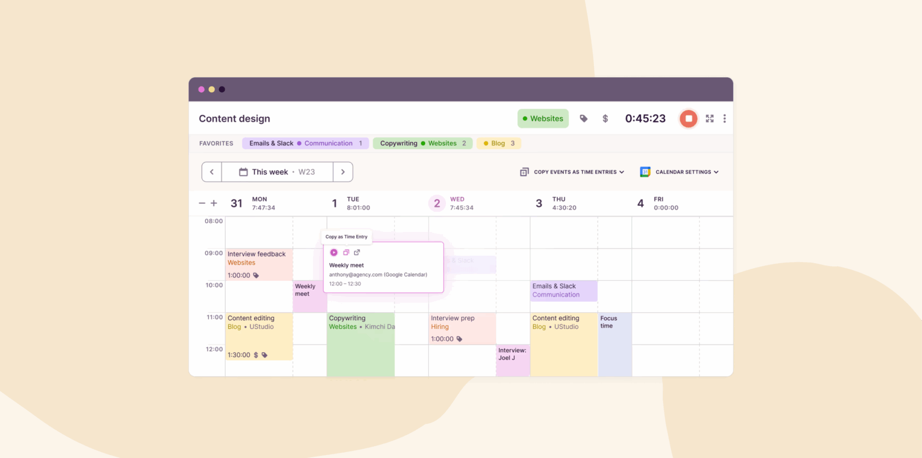 content design weekly planner view with scheduled tasks, events, and time tracking in a visually organized layout, calendar interface showcasing content-related meetings and deadlines