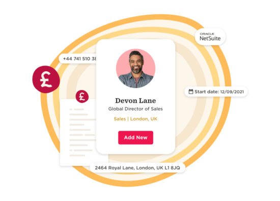 Devon Lane profile with contact info, role, location, start date, and Oracle NetSuite branding on vibrant background. , profile, businessinfo