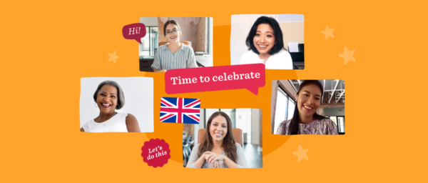 diverse women celebrating, chat bubbles with greetings, British flag, joyful expressions