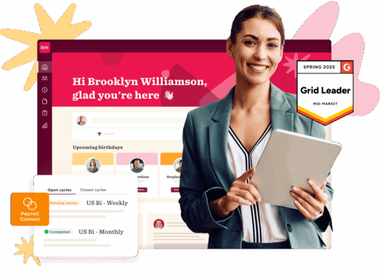 Payroll software interface with a professional woman holding a tablet, showcasing user engagement on the platform. Bob, Payroll Connect