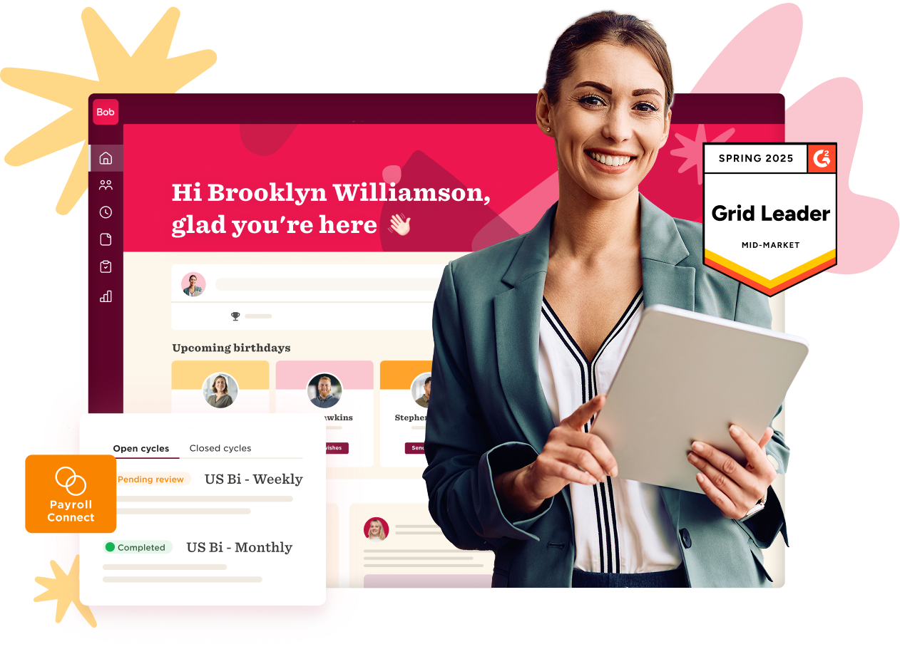 Payroll software interface with a professional woman holding a tablet, showcasing user engagement on the platform. Bob, Payroll Connect