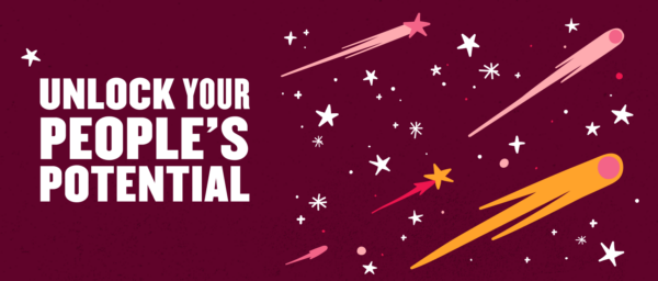 unlock potential with shooting stars and bright colors on a maroon background, colorful comet illustration with text