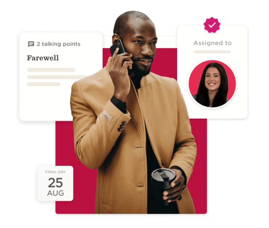 businessman talking on phone in stylish coat, project update on farewell discussion with assigned colleague image