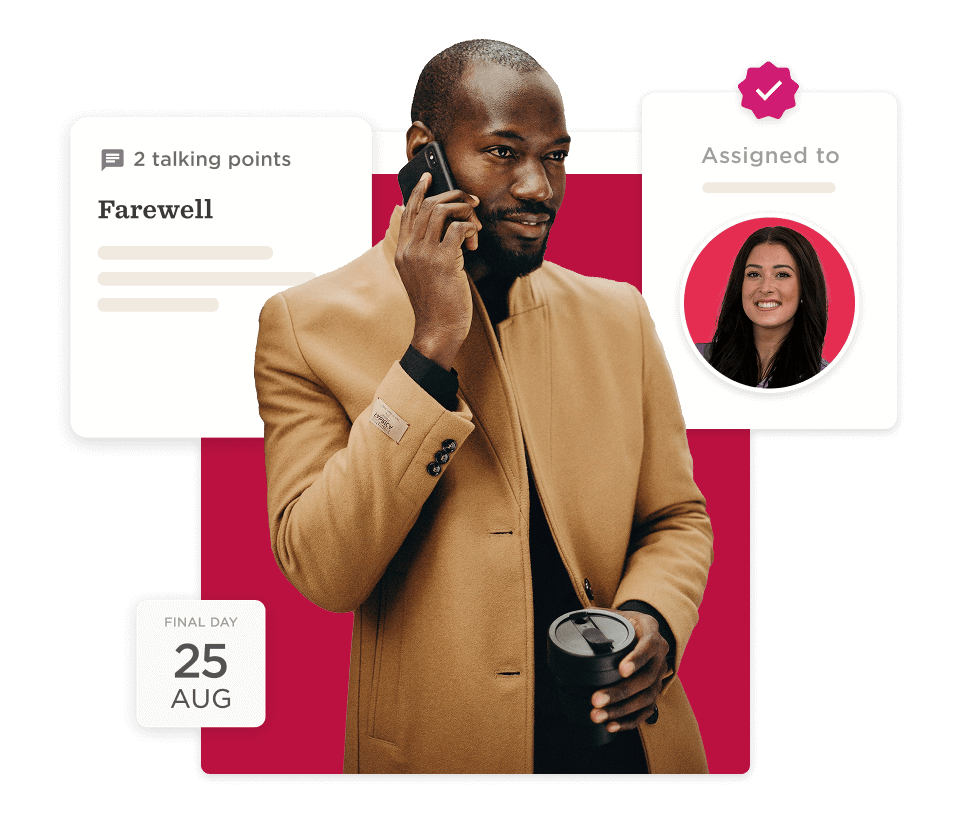 businessman talking on phone in stylish coat, project update on farewell discussion with assigned colleague image