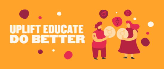 uplift educate do better graphic with diverse characters discussing gender symbols on vibrant orange background, gender equality illustration