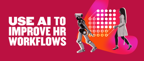 AI robot and woman walking with text promoting AI to enhance HR workflows on a vibrant red background. Use for tech marketing. ai-robot, hr-workflows