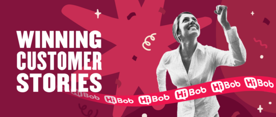 winning customer stories with woman celebrating success in dynamic design featuring HiBob brand elements, woman celebrating success in vibrant background with HiBob branding