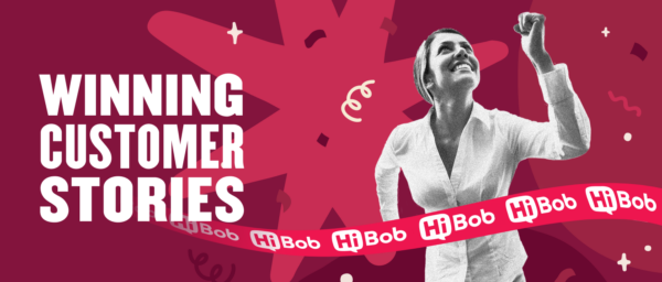 winning customer stories with woman celebrating success in dynamic design featuring HiBob brand elements, woman celebrating success in vibrant background with HiBob branding