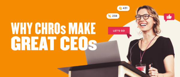 CHRO speaking at a conference with positive reactions; bright orange background emphasizes the topic of leadership, leadership conference, CEO insights