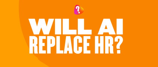 WILL AI REPLACE HR? bold text on vibrant orange background with question mark graphic, AI impact on human resources and workforce dynamics