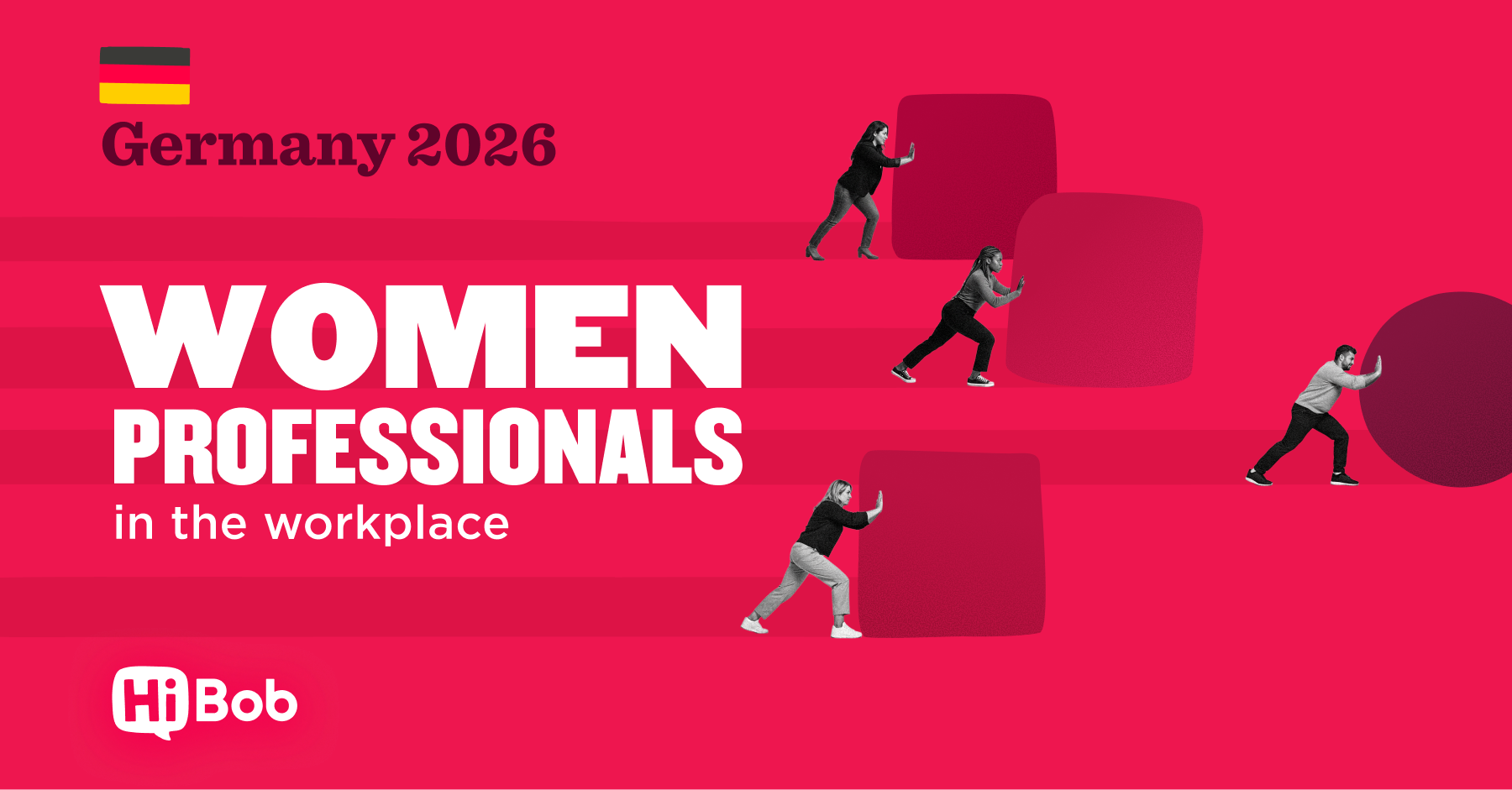 Germany 2026, Women professionals in the workplace, HiBob branding and vibrant design with active figures pushing shapes
