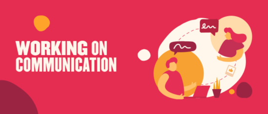 working on communication illustration with people chatting, colorful graphic showing dialogue and teamwork elements