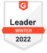 Leader badge for G2, highlighting winter 2022 achievements in a sleek design; red and white color scheme., G2, LeaderBadge