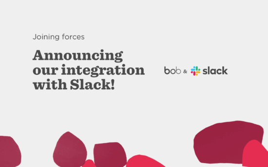 integration announcement, bob and slack logo on grey background with abstract red shapes