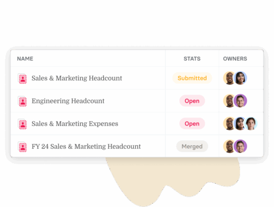 Sales and Marketing headcount stats with owner images displayed in a modern UI interface for project tracking. , SalesMarketing, ProjectTracking