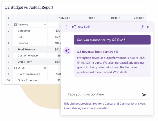 Q2 Budget vs Actual report with chatbot summary highlighting revenue performance and financial details, Chatbot assisting with financial summary insights