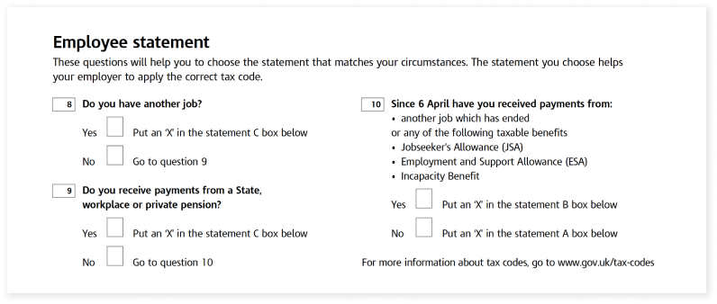 Form titled "Employee statement" with questions about additional jobs, pension payments, and past taxable benefits to determine the correct tax code.