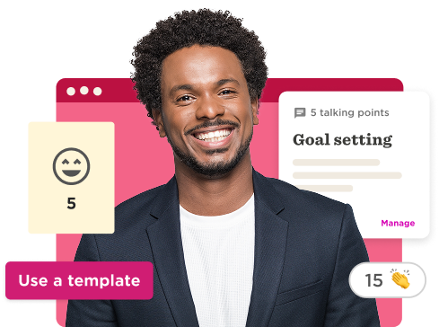 professional man smiling with animated templates, goal setting document, and engagement icons, showcasing productivity, business, productivity tools