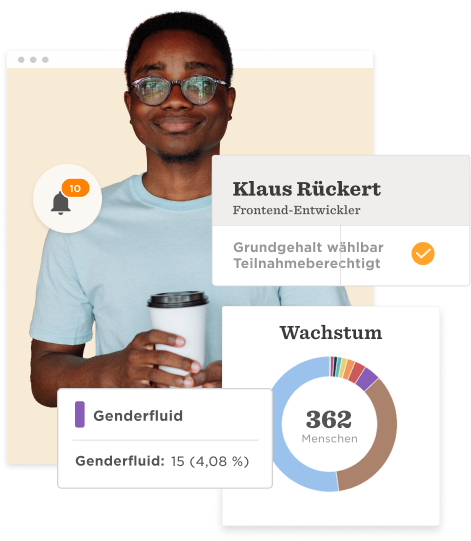 Klaus Rückert, Frontend-Entwickler, zeigt eine Tasse Kaffee. Geschlechtsvielfalt und Wachstumsdaten werden graphisch dargestellt., Frontend-Entwickler, Genderfluid