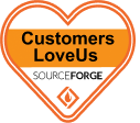Customers LoveUs Badge in Heart Shape by SourceForge, Customer review recognition badge in vibrant orange and white design