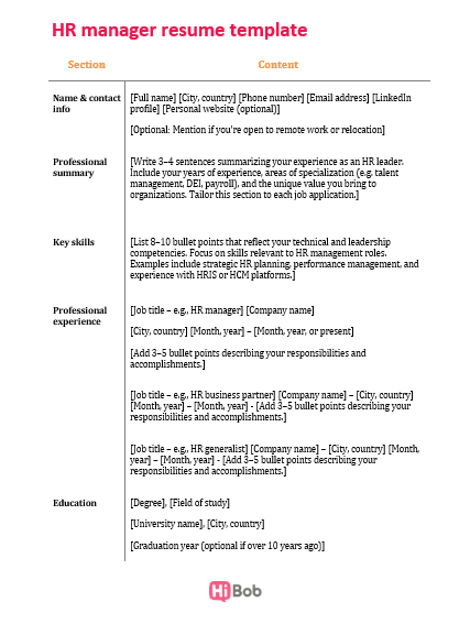 HR manager resume template showcasing section headers and content layout for professional experience, skills, and education. , resume, HRmanager