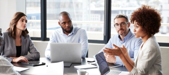 business meeting, diverse professionals collaborating in a modern office setting