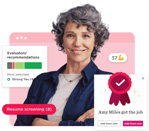 job portal interface, female professional smiling with job success notification