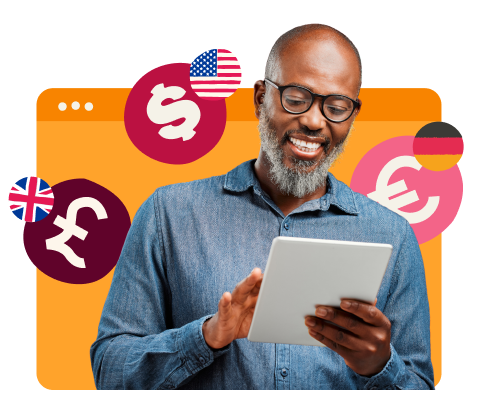 man using tablet with currency symbols, finance technology communication