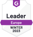 Leader badge for G2, Europe, Winter 2023, highlighting top-ranking software in the market., G2 Leader Badge, Winter 2023 Award