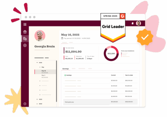 Georgia Brain dashboard displaying earnings, pay period details, and Grid Leader status for Spring 2025. , dashboard, earnings