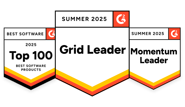 Top 100 Best Software Products 2025, Grid Leader and Momentum Leader badges for Summer 2025 by G2. Recognition in software industry., Top100, GridLeader