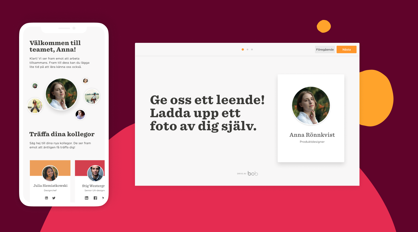 welcome message interface, profile creation invitation with a mobile and desktop view