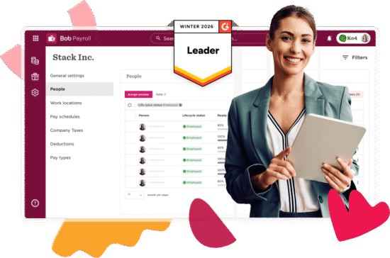 Stack Inc. payroll interface showcasing an engaged professional with tablet, highlighting employee lifecycle statuses and a leaderboard. Stack Inc., Leader