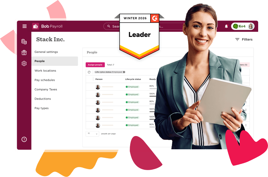 Stack Inc. payroll interface showcasing an engaged professional with tablet, highlighting employee lifecycle statuses and a leaderboard. Stack Inc., Leader