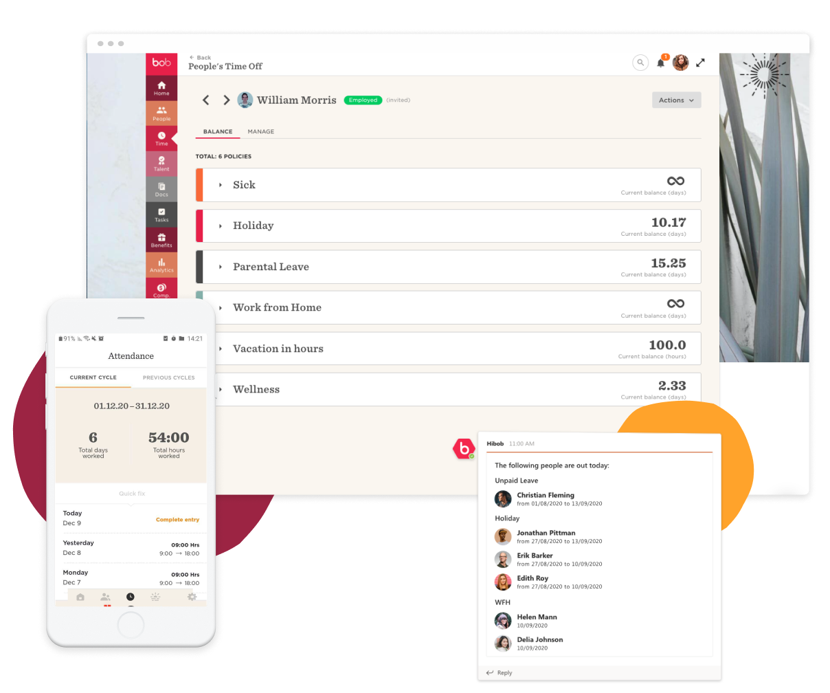 bob interface showing employee time-off details and attendance tracking on phone. HR management tools for leave policies.