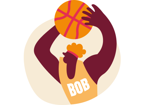 Illustration of a basketball player wearing an orange jersey with 'BOB' written on it, preparing to shoot a basketball into the hoop, with arms raised and a focused stance.